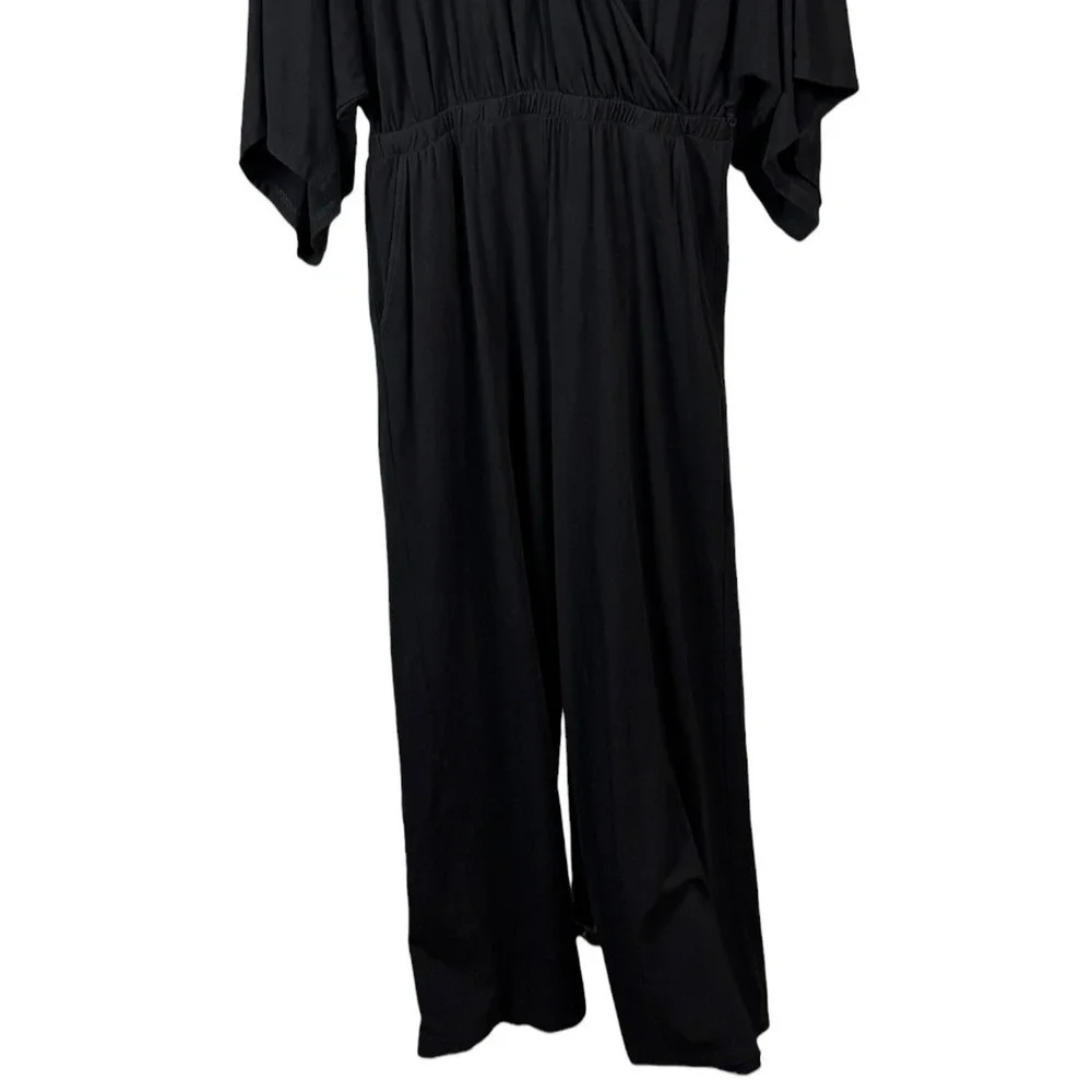 Garnet Hill Prato Knit Jumpsuit Size Medium Kimono Sleeve Wide Leg Black Pockets